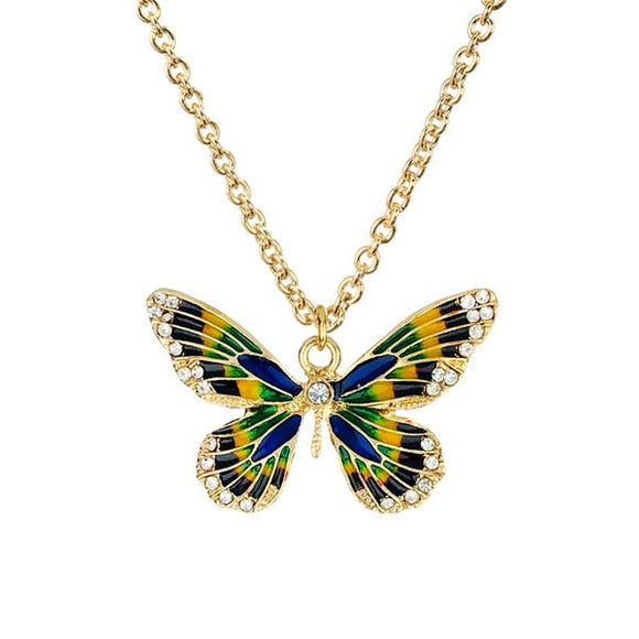 N966 Gold Yellow Green Blue Baked Enamel Rhinestone Butterfly Necklace FREE Earrings - Iris Fashion Jewelry