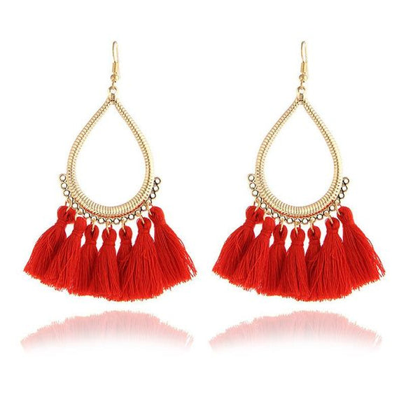 E316 Gold Teardrop Red Tassel Earrings - Iris Fashion Jewelry