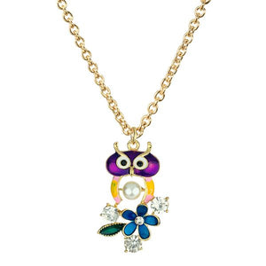 N1861 Purple Baked Enamel Owl with Pearl and Gemstones Necklace FREE Earrings - Iris Fashion Jewelry