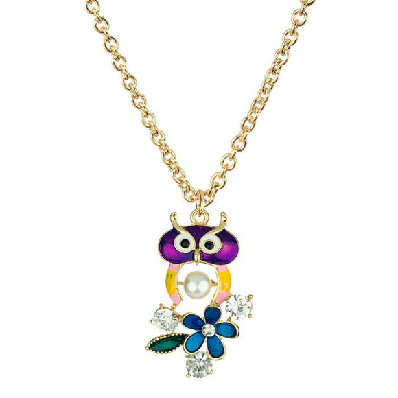 N1861 Purple Baked Enamel Owl with Pearl and Gemstones Necklace FREE Earrings - Iris Fashion Jewelry