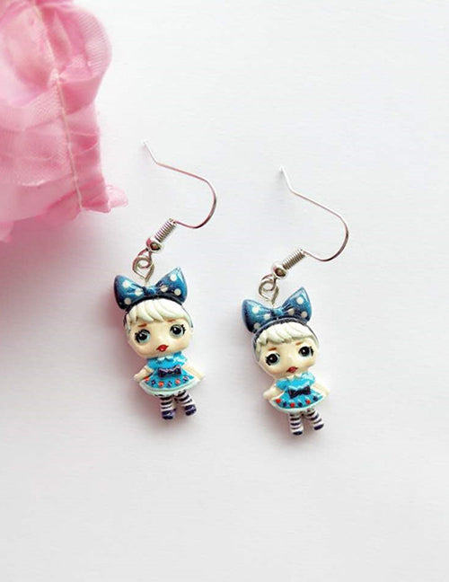 L36 Blue Polka Dot Bow Cartoon Girl Dangle Earrings - Iris Fashion Jewelry