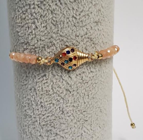 *B721 Beige Cord Bead Multi Color Rhinestone Conch Shell Bracelet - Iris Fashion Jewelry