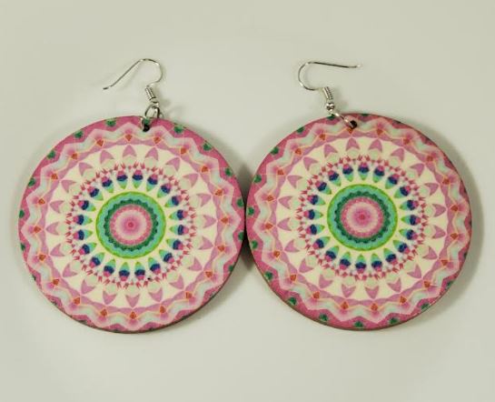 E87 Large Round Wooden Pink Festive Earrings - Iris Fashion Jewelry