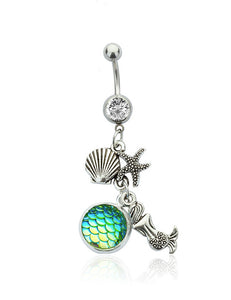 P73 Silver Iridescent Green Fish Scale Mermaid Charm Belly Button Ring - Iris Fashion Jewelry