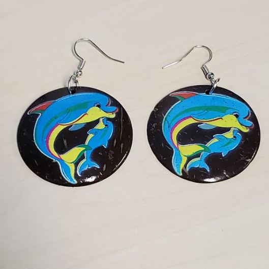 E971 Mommy & Baby Dolphin Coconut Shell Wooden Earrings - Iris Fashion Jewelry