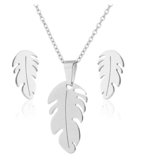 N292 Silver Feather Stainless Steel Necklace with FREE Earrings - Iris Fashion Jewelry