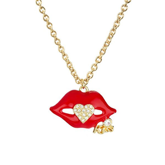 N725 Gold Baked Enamel Red Lips Rhinestone Heart Necklace with FREE Earrings - Iris Fashion Jewelry