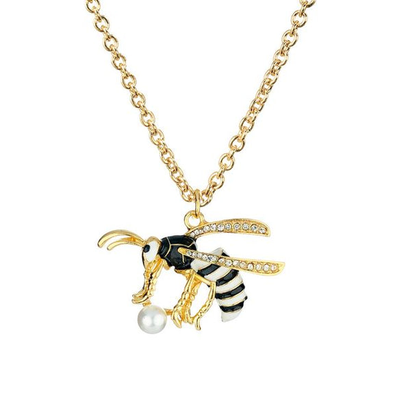 N422 Baked Enamel Black & White Insect with Rhinestones Necklace with Free Earrings - Iris Fashion Jewelry