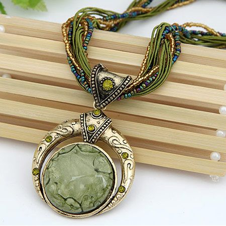 N1418 Champagne Bead Sage Green Shimmer Gem Necklace with FREE Earrings - Iris Fashion Jewelry