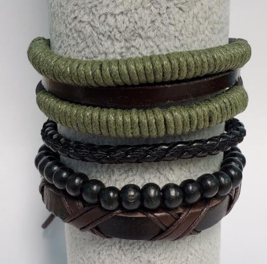 *B908 Green Cord and Brown Leather Bracelet Set - Iris Fashion Jewelry