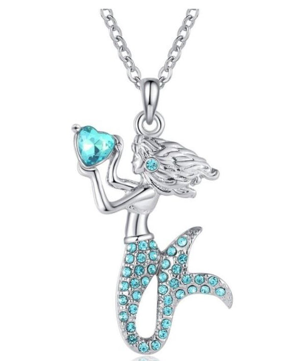 N506 Silver Light Blue Rhinestone Mermaid Necklace with Free Earrings - Iris Fashion Jewelry