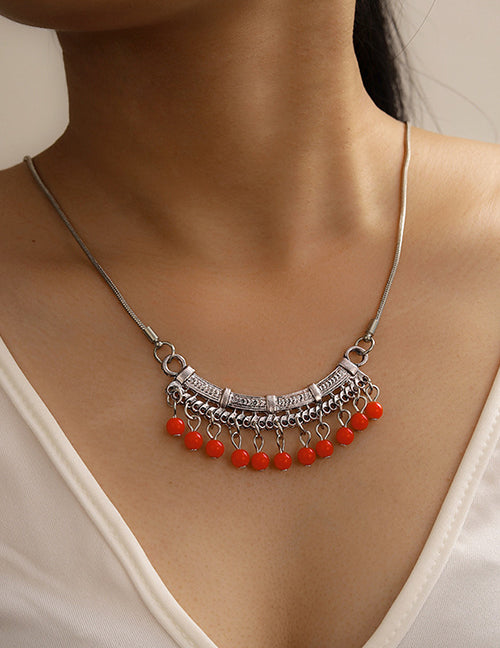 N246 Silver Red Tassel Necklace With FREE Earrings - Iris Fashion Jewelry