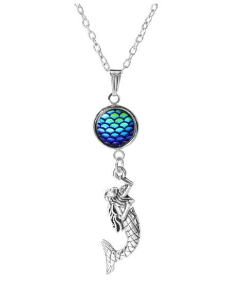 N1724 Silver Iridescent Blue Mermaid Fish Scale Necklace With FREE Earrings - Iris Fashion Jewelry