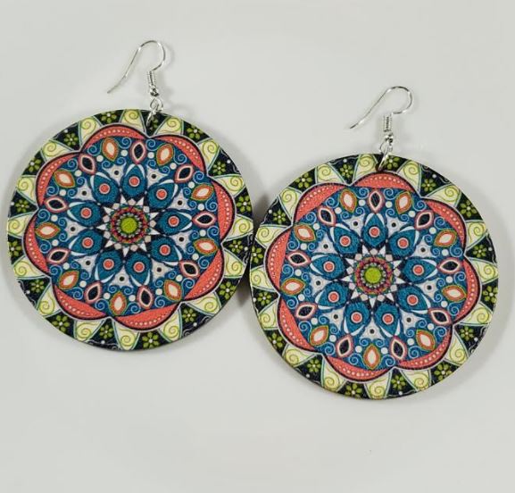 E656 Large Round Wooden Colorful Festive Earrings - Iris Fashion Jewelry