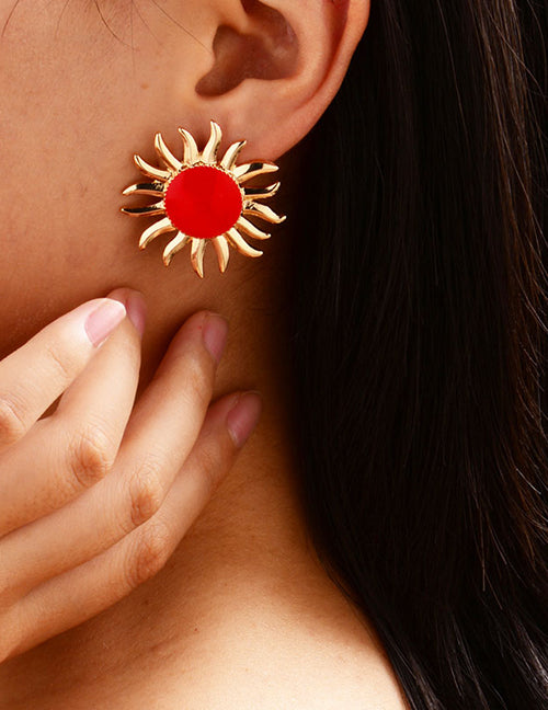 E852 Gold Red Sunburst Earrings - Iris Fashion Jewelry