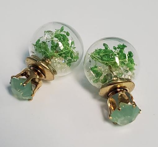 *E496 Gold Green Rhinestone Vine Clear Gem Filled Double Ball Earrings - Iris Fashion Jewelry