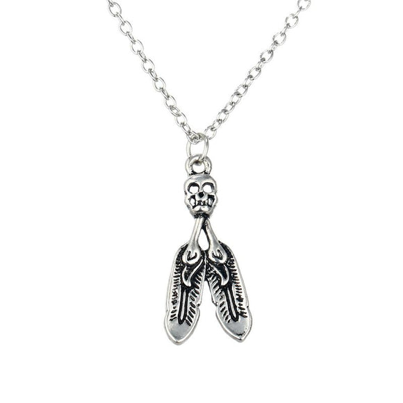 N741 Silver Skull with Feathers Necklace with FREE Earrings - Iris Fashion Jewelry