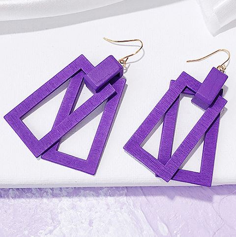 E716 Purple Wooden Rectangle Earrings - Iris Fashion Jewelry
