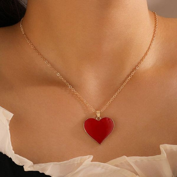 N707 Gold Red Baked Enamel Heart Necklace with FREE Earrings - Iris Fashion Jewelry
