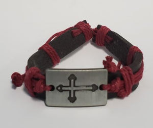 *B587 Silver Cross Black Leather Red Cord Bracelet - Iris Fashion Jewelry