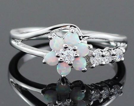 R148 Silver White Opal Gemstone Flower Ring - Iris Fashion Jewelry