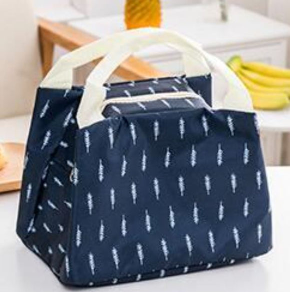 G206 Navy Blue Feathers Insulated Lunch Tote with Zipper Closure - Iris Fashion Jewelry