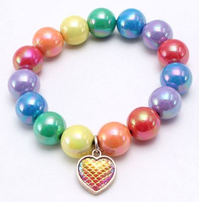 L232 Multi Color Pearlized Beads Iridescent Pink Fish Scale Heart Charm Bracelet - Iris Fashion Jewelry