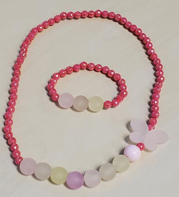 L310 Iridescent Hot Pink Bead Frosted Butterfly Necklace & Bracelet Set - Iris Fashion Jewelry