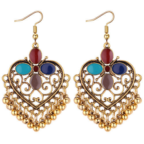 E1641 Gold Heart Multi Color Enamel Bead Tassel Earrings - Iris Fashion Jewelry