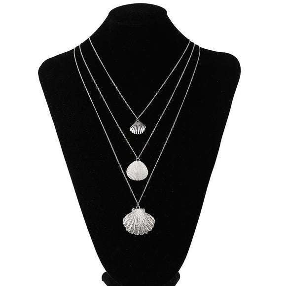 N202 Silver Long Chain 3 Layer Shell Necklace with Free Earrings - Iris Fashion Jewelry