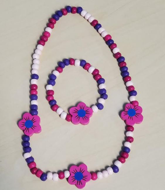 L450 Pink & Purple Flowers Wooden Necklace & Bracelet Set - Iris Fashion Jewelry