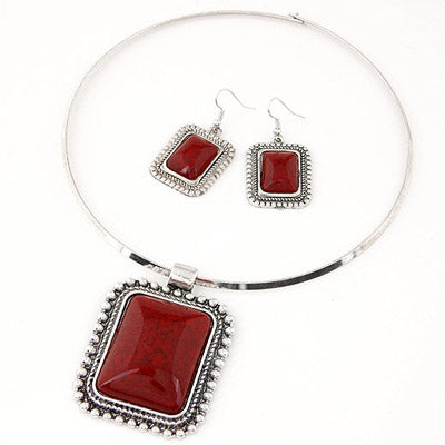 N1637 Silver Burgundy Stone Choker Necklace with FREE Earrings - Iris Fashion Jewelry