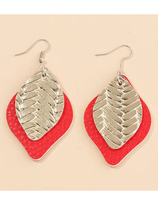 E1384 Red & Silver Leaf Shape Leather Earrings - Iris Fashion Jewelry