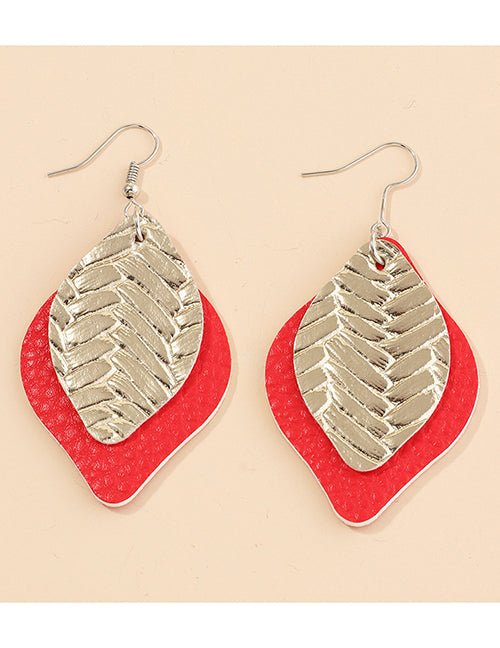 E1384 Red & Silver Leaf Shape Leather Earrings - Iris Fashion Jewelry