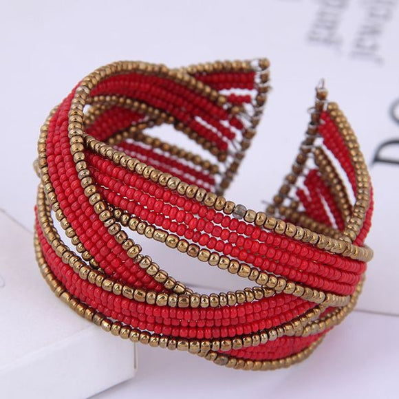 B793 Red & Gold Seed Bead Weave Bracelet - Iris Fashion Jewelry
