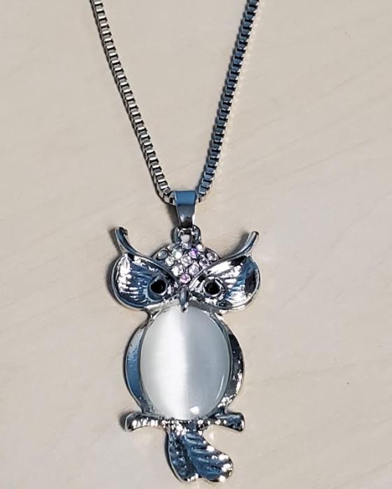 N715 Silver Iridescent Rhinestone Moonstone Owl Necklace with FREE Earrings - Iris Fashion Jewelry