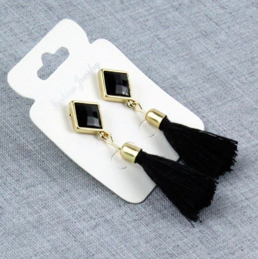 E1481 Black Gemstone Tassel Earrings - Iris Fashion Jewelry