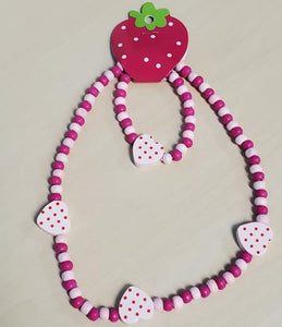 L224 Light Pink Polka Dot Heart Wooden Necklace & Bracelet Set - Iris Fashion Jewelry