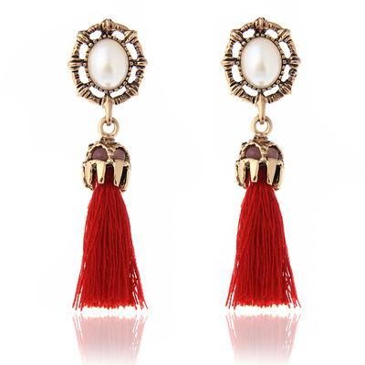E965 Gold Antique Look Pearl Red Tassel Earrings - Iris Fashion Jewelry