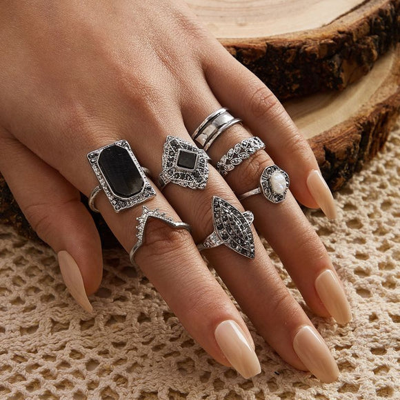 RS68 Silver Color 7 Piece Ring Set - Iris Fashion Jewelry