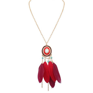 N1782 Gold Shades of Red Feathers Tassel Necklace FREE Earrings - Iris Fashion Jewelry