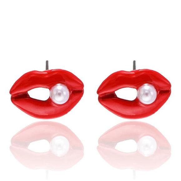 E1210 Red Lips with Pearl Earrings - Iris Fashion Jewelry