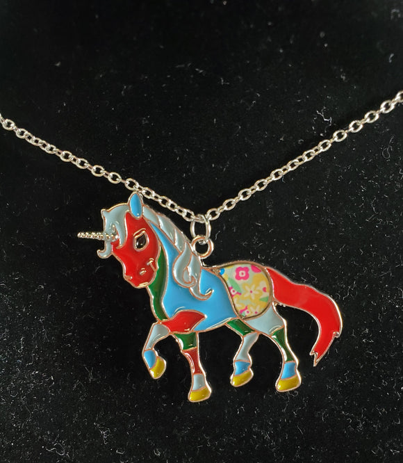 N1613 Silver Enamel Unicorn Necklace with FREE EARRINGS - Iris Fashion Jewelry