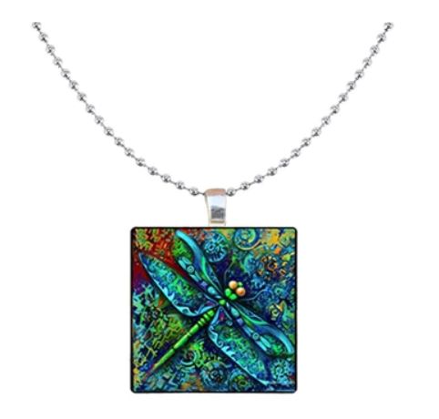 N1796 Silver Blue/Green Dragonfly Square Beaded Chain Necklace with FREE Earrings - Iris Fashion Jewelry