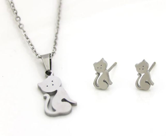 N982 Silver Cat Stainless Steel Necklace with FREE Earrings - Iris Fashion Jewelry