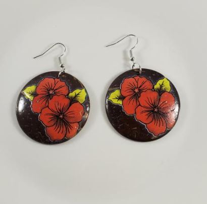 E1180 Blood Orange Hibiscus Flower Coconut Shell Wooden Earrings - Iris Fashion Jewelry