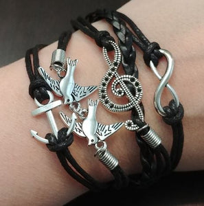 B419 Black Music Note Anchor Infinity Leather Layered Bracelet - Iris Fashion Jewelry