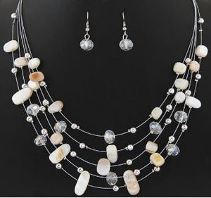 *N1738 Beige Bead Gemstones Multi Layer Necklace with FREE Earrings - Iris Fashion Jewelry