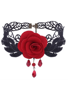 N1708 Red Rose with Gems Choker Necklace With FREE Earrings - Iris Fashion Jewelry