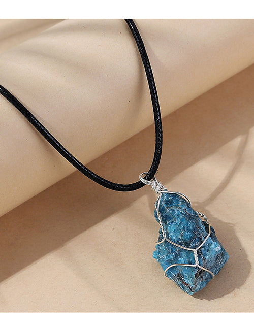 N192 Blue Imitation Natural Stone on Leather Cord Necklace FREE Earrings - Iris Fashion Jewelry
